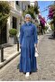Women's Buttoned, Pocketed, Lace-Up Tencel Fabric Dark Blue Denim Dress - 3