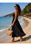 Strappy Chest Ruched Gipe Detailed Cotton Midi Dress Black - 3