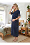 New Season Navy Blue Short Sleeve Lace Design Buttoned Summer 100% Cotton Maternity Nightgown - 7