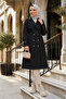 Women's Black Double-Breasted Hijab Trench Coat with Belt, Water-Repellent Long Overcoat