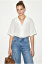 Women's White Self-Striped Open Collar Oversize Short Sleeve Shirt 60282055 - 2