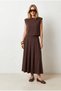 Women's Brown Padded Top Blouse with Bottom Pockets Pleated Skirt Modal Buttoned Set Tkm-19000500 - 3