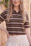 Women's Striped Polo Neck Crop Knitwear T-Shirt (Brown White) - 2