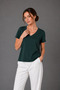 Women's Dark Green Interlock V-Neck Short Sleeve Basic Cotton T-Shirt - 7