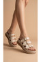Round Three-Stripe Gold Buckle Detailed High Heeled Comfortable Women's Summer Slippers Sandals