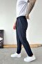 Navy Blue Regular Fit Fabric Trousers with Waist Rope Detail - 3