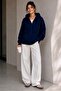 Unisex Oversize 3 Thread Raster Zippered Hoodie Sweatshirt My3535 - Navy Blue - 5