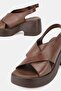 Women's Brown Genuine Leather Thick-Heeled Platform Daily Sandals - 2