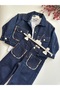 Girl's Embroidery Detailed Denim Jacket, Trousers, T-Shirt 3-Piece Set Navy Blue Jean Combination - 4