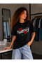 Love Yourself Written Red Rose Detail Printed Women's Black Basic T-Shirt