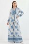 Women's High Collar Gathered Waist Floral Patterned Viscose Blue and White Hijab Dress - 4