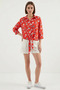 Women's Waist-Tied Front Patterned Viscose Red Shirt - 3