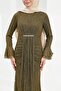 Khaki Lace Evening Dress with Flounces and Stones on the Sleeves - 2