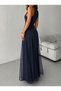 Women's Strappy Crew Neck Asymmetrical Hem Tulle Detailed Long Imported Crepe Dress - 3