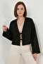 Women's V-Neck Tie-Front Linen Black Kimono - 3