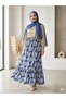 Women's Blue Shawl Patterned Skirt with Ruffles and Flounces, Large Size, Hijab Skirt