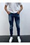 Men's Blue Slim Fit Distressed and Paint Detailed Denim Trousers – Modern Street Style, Comfortable Fit - 2