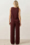 Burgundy Thick Strap Blouse Elastic Waist Pants Woven Modal Top-Bottom Set 8051 - 4