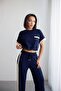 Women's Navy Blue Garnished Elastic Waist Top and Bottom Set Nh26126 - 3