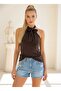 Women's Asymmetrical Halter Neck Shiny Stone Printed Viscose Blouse 26084 - 2