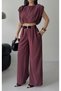 Women's Summer Belted Trousers and Crop Blouse Set Burgundy - 6
