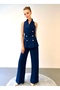 Stylish Gold Button Detailed Shawl Collar Vest and Navy Blue Trousers Set