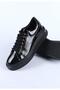 Women's Genuine Leather Thick Soled Lace-Up Sports Shoes & Sneakers Black Patent Leather - 4