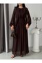 Brown Waist Detailed Tulle Sleeves Lined Long Dress - 6