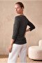 Women's Dark Gray Melange Soft Textured Comfortable Cut 3/4 Sleeve Loose Tunic Blouse Luisa - 4