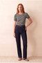 Women's Black Striped Viscose Blend Regular Fit Crew Neck Short Balloon Sleeve T-Shirt Kelly - 2