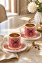 2-Piece Ribbon Patterned Porcelain Turkish Coffee Cup Set with Bow Detail - Pink