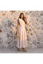 Beige Women's Bowknot Crew Neck Pleated Dress with Pockets and Zero Sleeves - 6