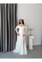 White Boat Neck Underwire Lace Detailed Long Evening Dress - 3