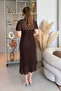 Elegant Midi Brown Lace Dress with High Collar Lining - 4