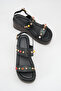 Calivella Black Beaded Women's Colorful Bead Detailed Daily Double Strap Ankle Strap Wedge Heeled Sandals - 3