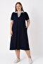 Women's Plus Size Navy Blue V-Neck Short Sleeve Lycra Dress with Pockets
