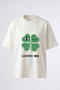 Winking Clover Design Back Printed Cotton White Oversize T-Shirt