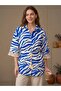 Women's Blue Zebra Patterned Oversized Linen Shirt with Tassel Detail - 5
