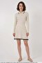 Women's Polo Collar Belted Vertical Striped Pattern Knitwear Cream Double Set