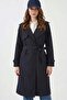 Women's Double Breasted Collar Belted Navy Blue Trench Coat - 3