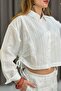 Women's blue striped long sleeve shirt with ruched sides - white - 3