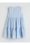 Blue Crew Neck Floral Pleated Girls' Dress - 3