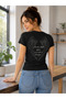Black Women's Slim Fit Crew Neck Front and Back Printed Cotton Short Sleeve Crop T-Shirt Wing - 4