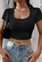 Women's Black Half Sleeve Straight Collar Crop Top Blouse - 5