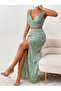 Women's Rope Strap Double-Breasted Collared Patterned Single Jersey Crop Blouse and Slit Long Skirt Two-Piece Set