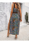 Women's Open Shoulder Front Collar Cross Elastic Ethnic Patterned Slit Long Single Jersey Dress - 3