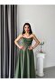 Khaki Stone Embroidered Strapless Satin Evening Dress - 3