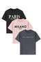 Printed Black - Anthracite - Pink 3-Piece Children's T-Shirt 100% Cotton Short Sleeve Knitted Crew Neck - 3