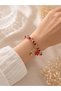 Red Flower Detailed Evil Eye Beaded Bracelet – Women's Elastic Stylish Design Bracelet - 2