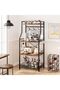 4 Tier Microwave Oven Shelf - Industrial Style, Sturdy Metal Frame, Wire Basket, 8 Hooks - Kitchen Organizer, Spices, Pots, Coffee Bar - Black + Brown - 4